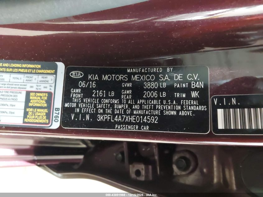 2017 Kia Forte Lx VIN: 3KPFL4A7XHE014592 Lot: 43891966