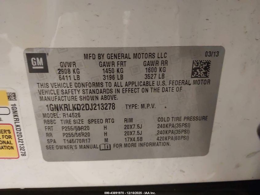 2013 Chevrolet Traverse Ltz VIN: 1GNKRLKD2DJ213278 Lot: 43891970
