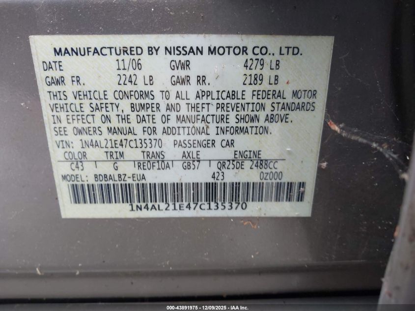 2007 Nissan Altima 2.5 S VIN: 1N4AL21E47C135370 Lot: 43891975