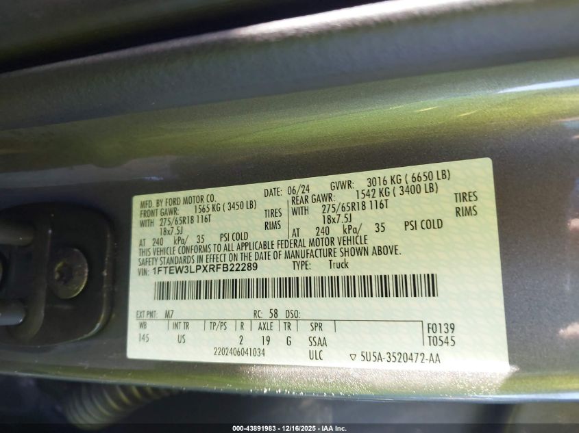 2024 Ford F-150 Xlt VIN: 1FTEW3LPXRFB22289 Lot: 43891983