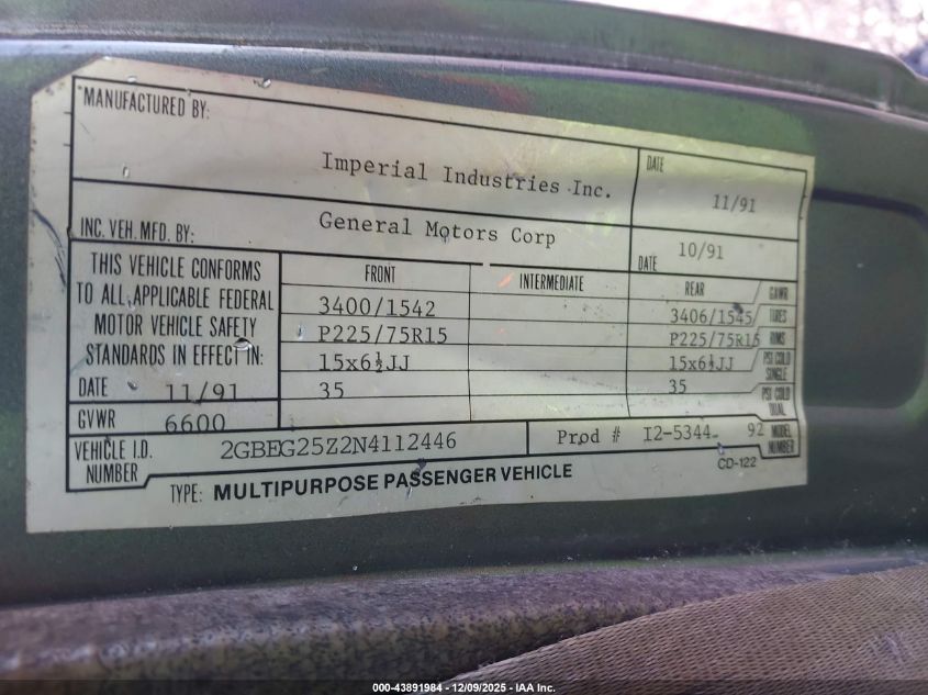 1992 Chevrolet G20 VIN: 2GBEG25Z2N4112446 Lot: 43891984