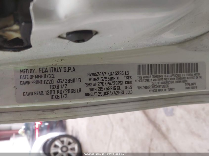 2022 Ram Promaster City Cargo Van VIN: ZFBHRFAB3N6Y31656 Lot: 43891985