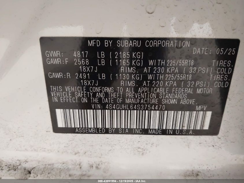 2025 Subaru Crosstrek Limited VIN: 4S4GUHL64S3754470 Lot: 43891994