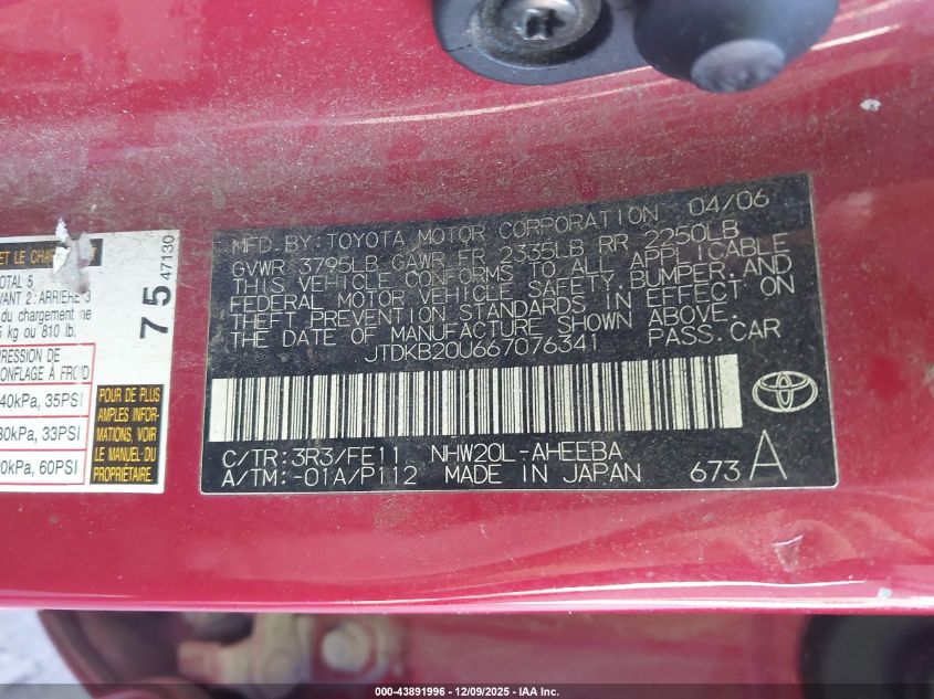 2006 Toyota Prius VIN: JTDKB20U667076341 Lot: 43891996