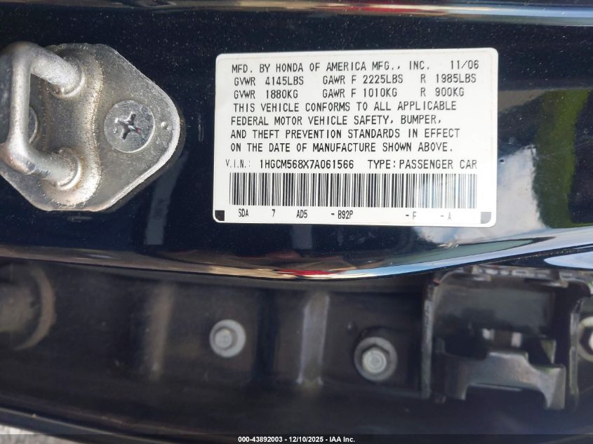2007 Honda Accord 2.4 Ex VIN: 1HGCM568X7A061566 Lot: 43892003