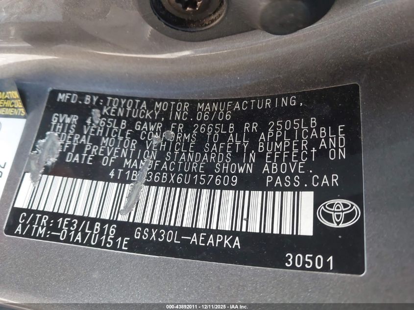 2006 Toyota Avalon Limited VIN: 4T1BK36BX6U157609 Lot: 43892011