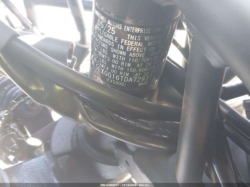 2026 Kawasaki Ex500 VIN: ML5EXGG16TDA72937 Lot: 43892017