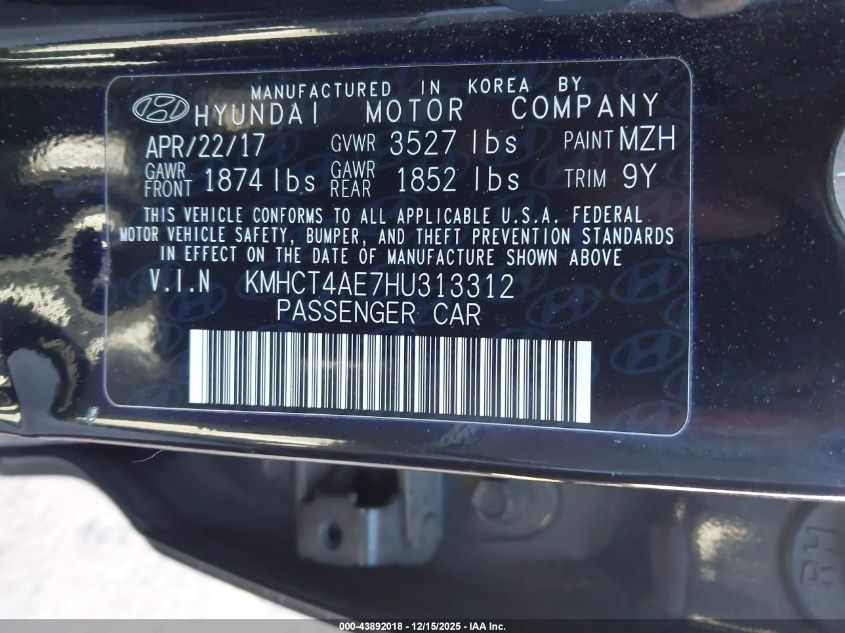 2017 Hyundai Accent Se VIN: KMHCT4AE7HU313312 Lot: 43892018