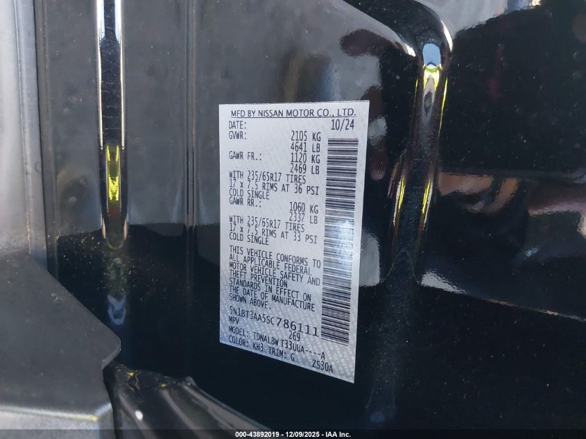 2025 Nissan Rogue S Fwd VIN: 5N1BT3AA5SC786111 Lot: 43892019