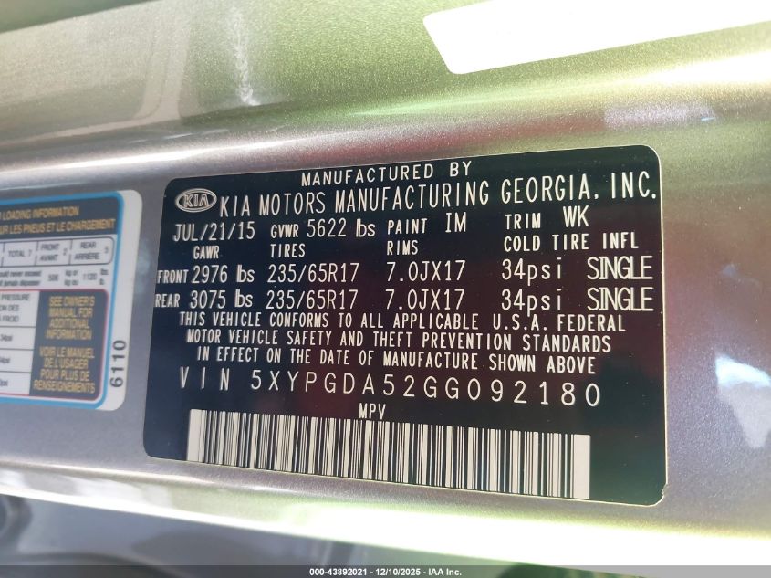 2016 Kia Sorento 3.3L Lx VIN: 5XYPGDA52GG092180 Lot: 43892021