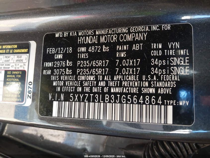 2018 Hyundai Santa Fe Sport 2.4L VIN: 5XYZT3LB3JG564864 Lot: 43892026