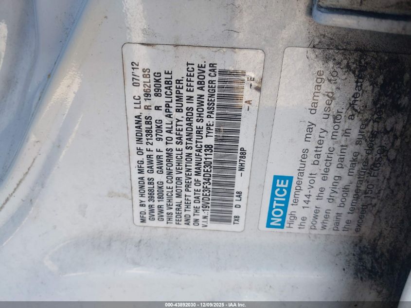 2013 Acura Ilx Hybrid 1.5L VIN: 19VDE3F34DE301138 Lot: 43892030