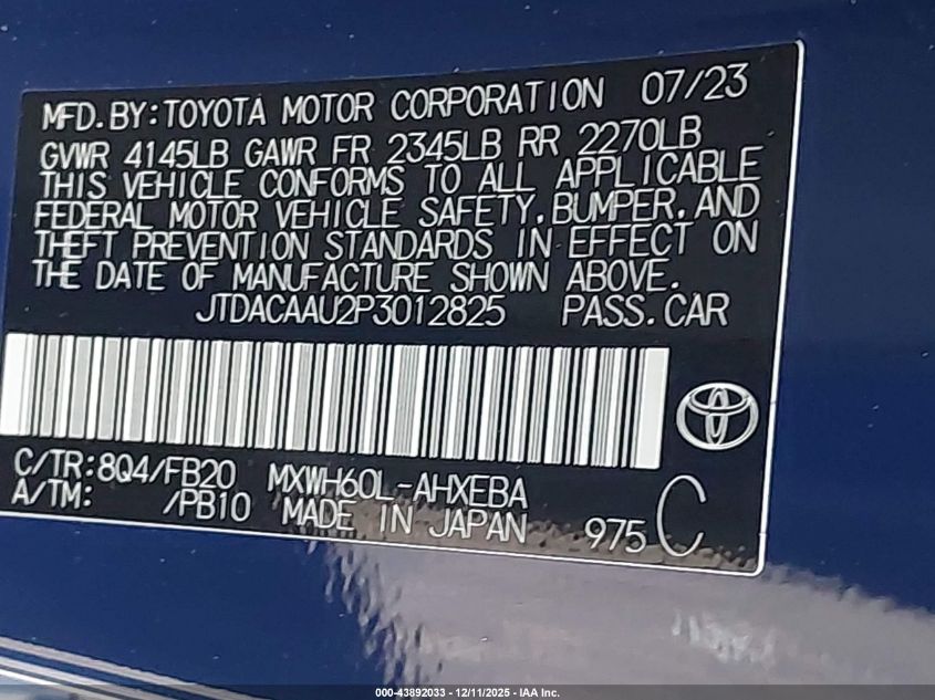 2023 Toyota Prius Le VIN: JTDACAAU2P3012825 Lot: 43892033