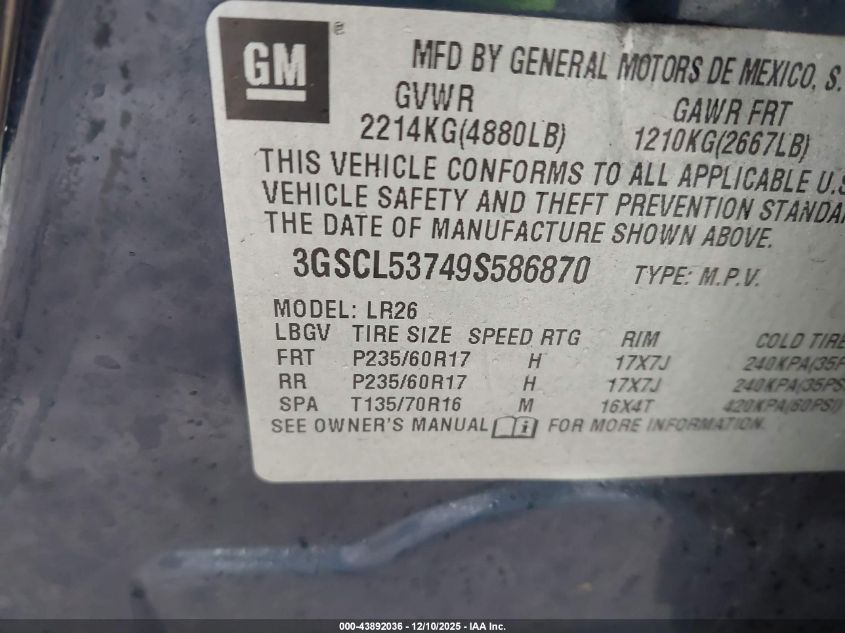 2009 Saturn Vue V6 Xr VIN: 3GSCL53749S586870 Lot: 43892036