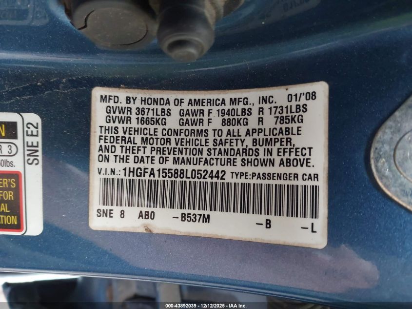 2008 Honda Civic Lx VIN: 1HGFA15588L052442 Lot: 43892039
