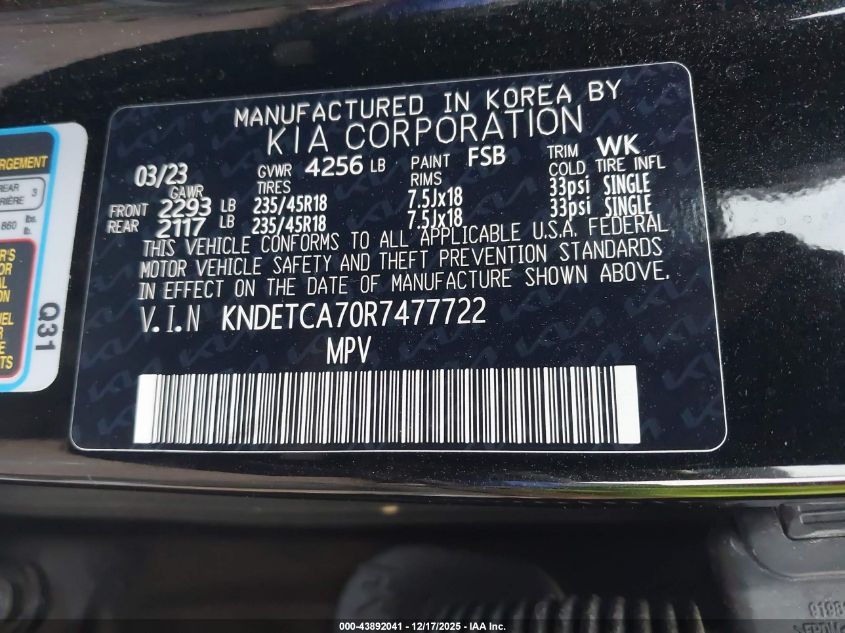 2024 Kia Seltos Sx Turbo VIN: KNDETCA70R7477722 Lot: 43892041