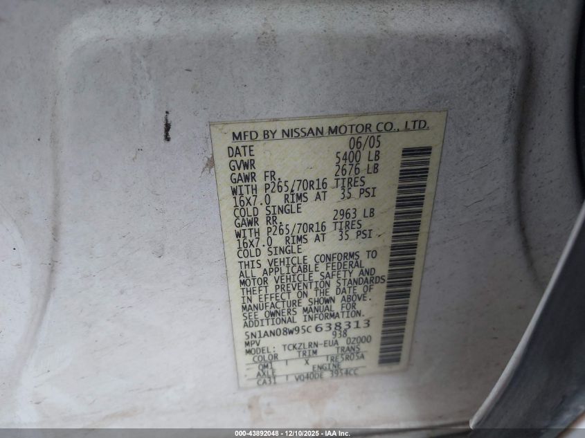 2005 Nissan Xterra S VIN: 5N1AN08W95C638313 Lot: 43892048