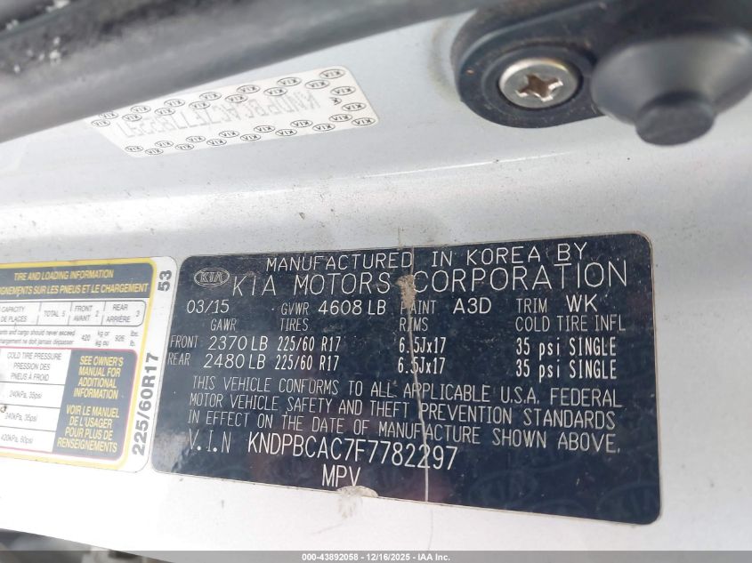 2015 Kia Sportage Lx VIN: KNDPBCAC7F7782297 Lot: 43892058