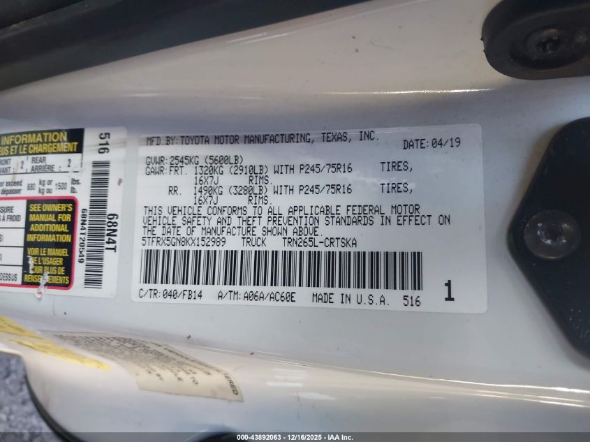 2019 Toyota Tacoma Sr VIN: 5TFRX5GN8KX152989 Lot: 43892063