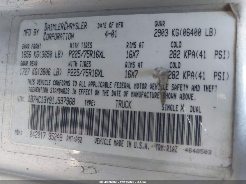 2001 Dodge Ram 1500 St VIN: 1B7HC13Y91J597968 Lot: 43892066