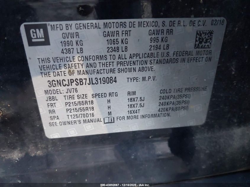 2018 Chevrolet Trax Lt VIN: 3GNCJPSB7JL319084 Lot: 43892067