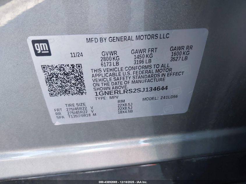 2025 Chevrolet Traverse Fwd Rs VIN: 1GNERLRS2SJ134644 Lot: 43892069