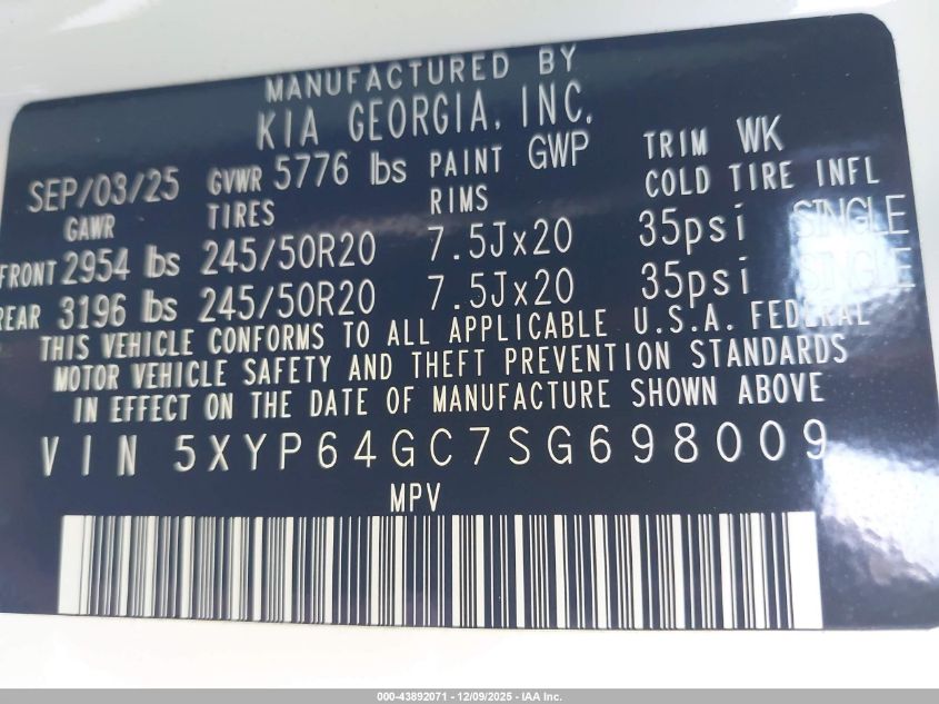 2025 Kia Telluride S VIN: 5XYP64GC7SG698009 Lot: 43892071