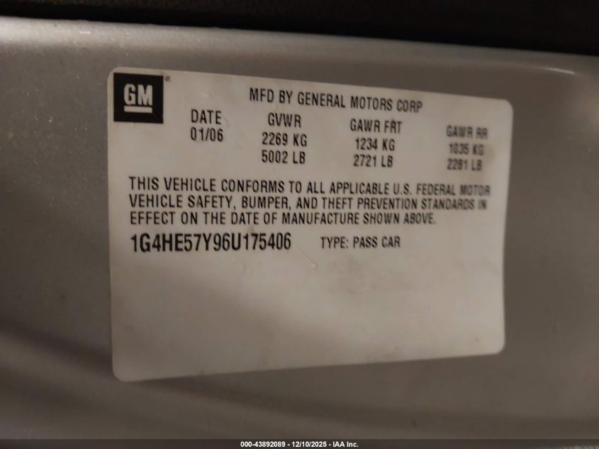 2006 Buick Lucerne Cxs VIN: 1G4HE57Y96U175406 Lot: 43892089