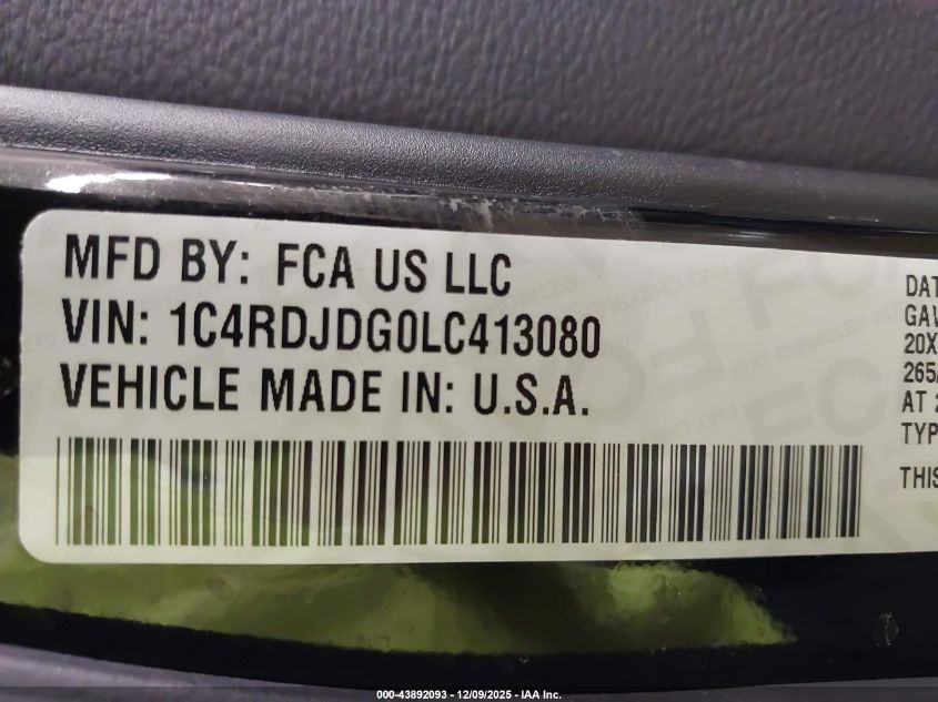 2020 Dodge Durango Gt Plus Awd VIN: 1C4RDJDG0LC413080 Lot: 43892093