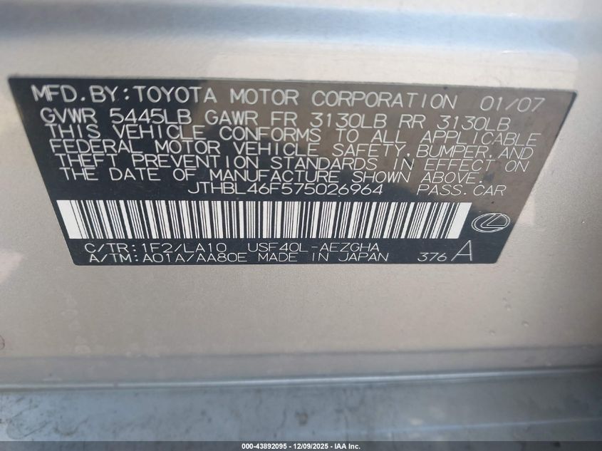 2007 Lexus Ls 460 VIN: JTHBL46F575026964 Lot: 43892095