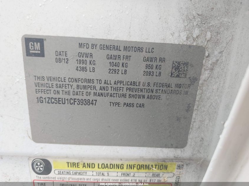 2012 Chevrolet Malibu 1Lt VIN: 1G1ZC5EU1CF393847 Lot: 43892100