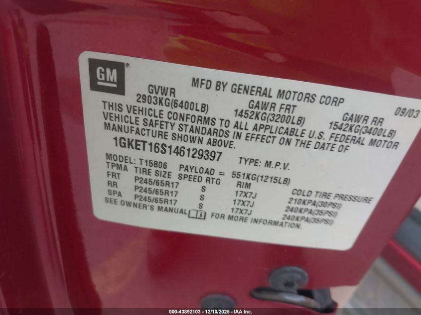 2004 GMC Envoy Xl Slt VIN: 1GKET16S146129397 Lot: 43892103