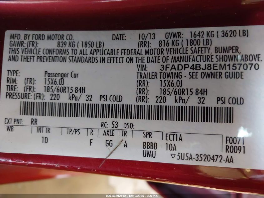 2014 Ford Fiesta Se VIN: 3FADP4BJ8EM157070 Lot: 43892112