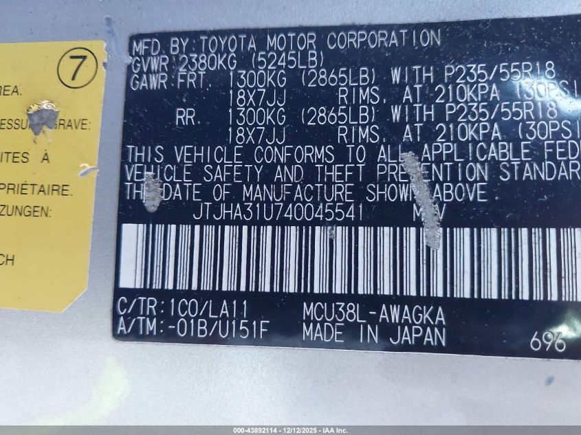 2004 Lexus Rx 330 VIN: JTJHA31U740045541 Lot: 43892114