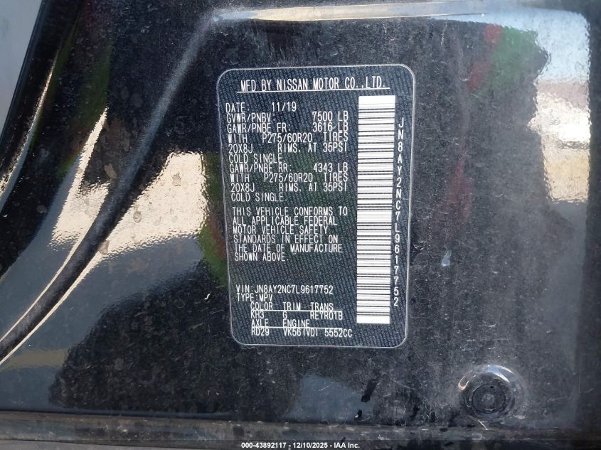 2020 Nissan Armada Sl 4Wd VIN: JN8AY2NC7L9617752 Lot: 43892117