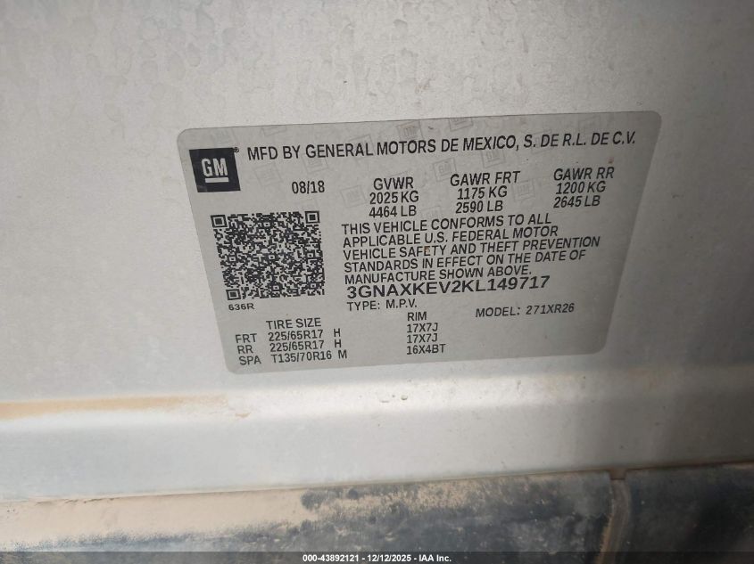 2019 Chevrolet Equinox Lt VIN: 3GNAXKEV2KL149717 Lot: 43892121