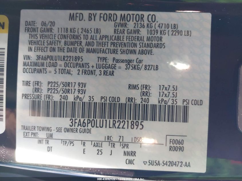 2020 Ford Fusion Hybrid Se VIN: 3FA6P0LU1LR221895 Lot: 43892122