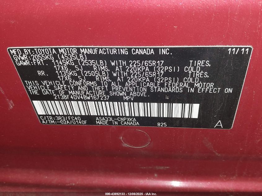 2011 Toyota Rav4 VIN: 2T3BF4DV4BW167237 Lot: 43892133