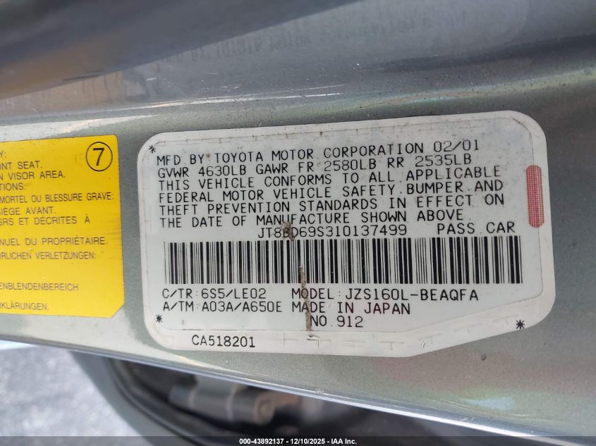 2001 Lexus Gs 300 VIN: JT8BD69S310137499 Lot: 43892137