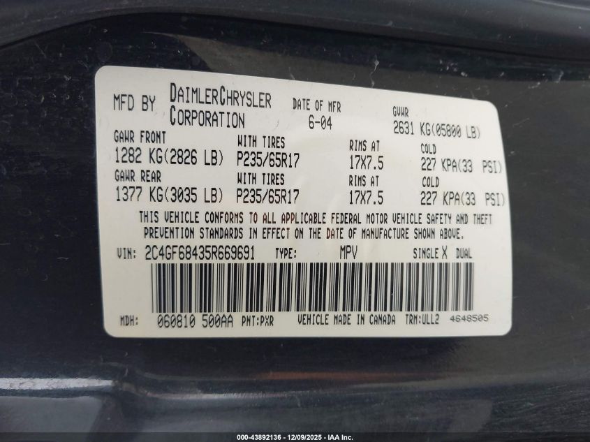 2005 Chrysler Pacifica Touring VIN: 2C4GF68435R669691 Lot: 43892136