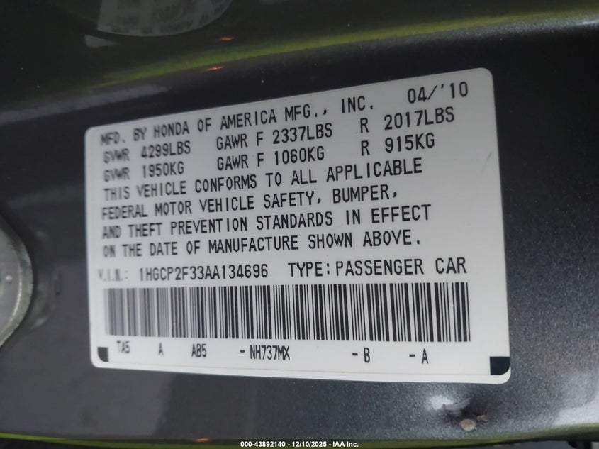 1HGCP2F33AA134696 2010 HONDA ACCORD photo no. 9