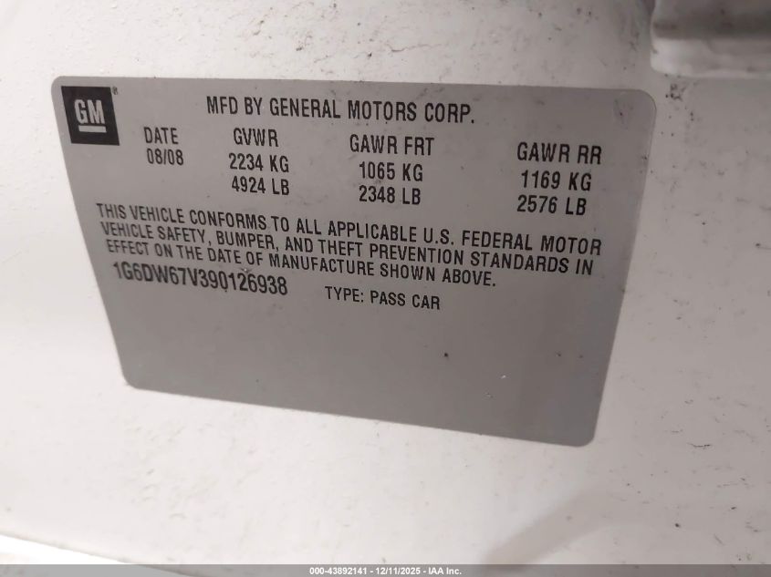 2009 Cadillac Sts V6 VIN: 1G6DW67V390126938 Lot: 43892141