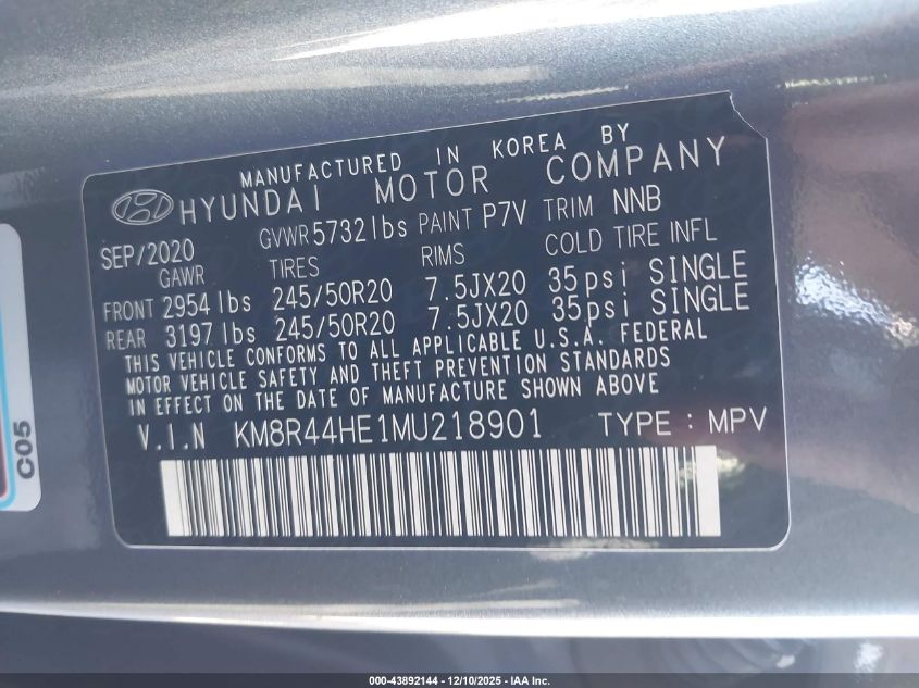 2021 Hyundai Palisade Sel VIN: KM8R44HE1MU218901 Lot: 43892144