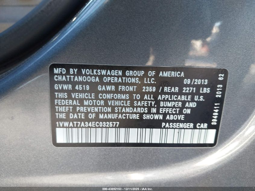 2014 Volkswagen Passat 1.8T Wolfsburg Edition VIN: 1VWAT7A34EC032577 Lot: 43892153