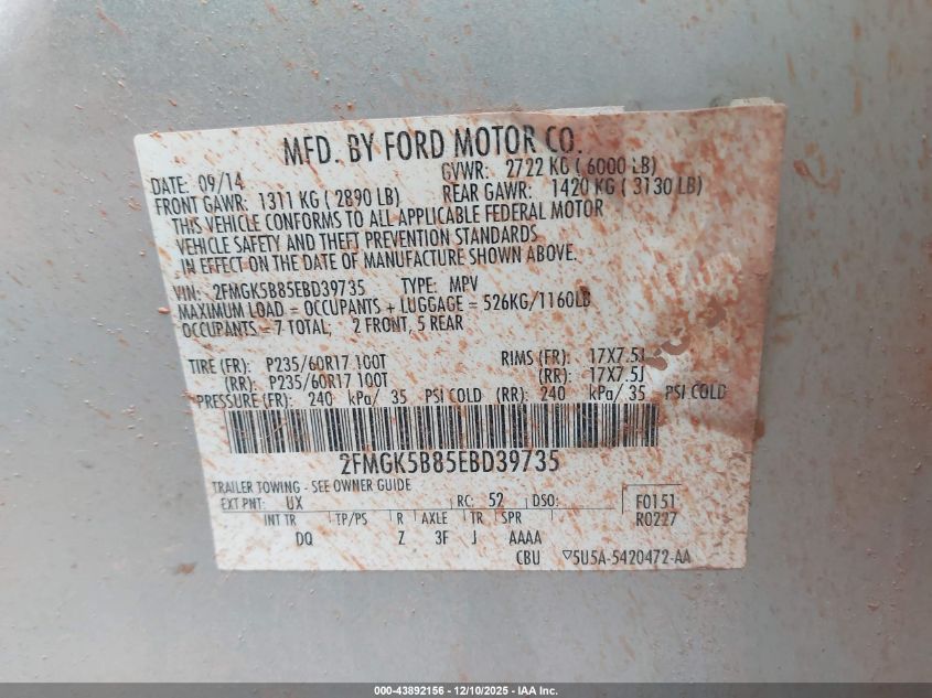 2014 Ford Flex Se VIN: 2FMGK5B85EBD39735 Lot: 43892156