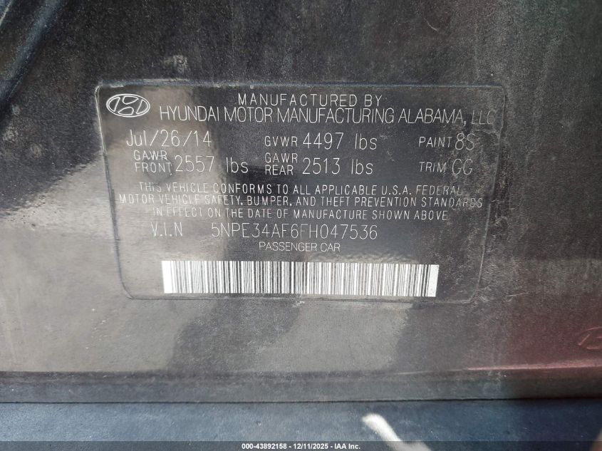 2015 Hyundai Sonata Sport VIN: 5NPE34AF6FH047536 Lot: 43892158