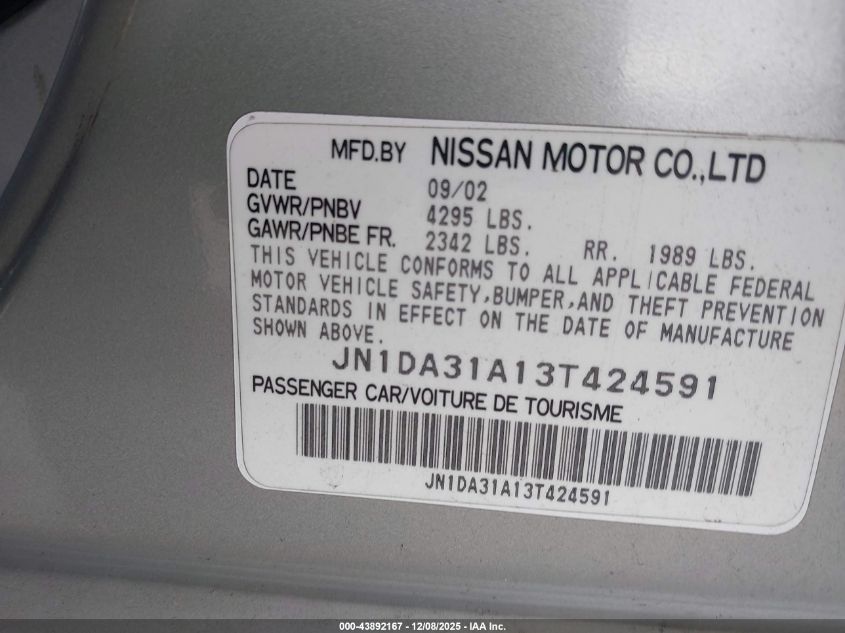 2003 Nissan Maxima Gle VIN: JN1DA31A13T424591 Lot: 43892167