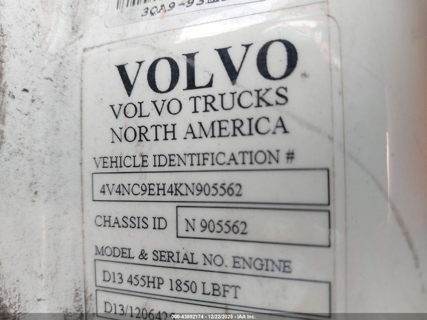 2019 Volvo Vnl VIN: 4V4NC9EH4KN905562 Lot: 43892174