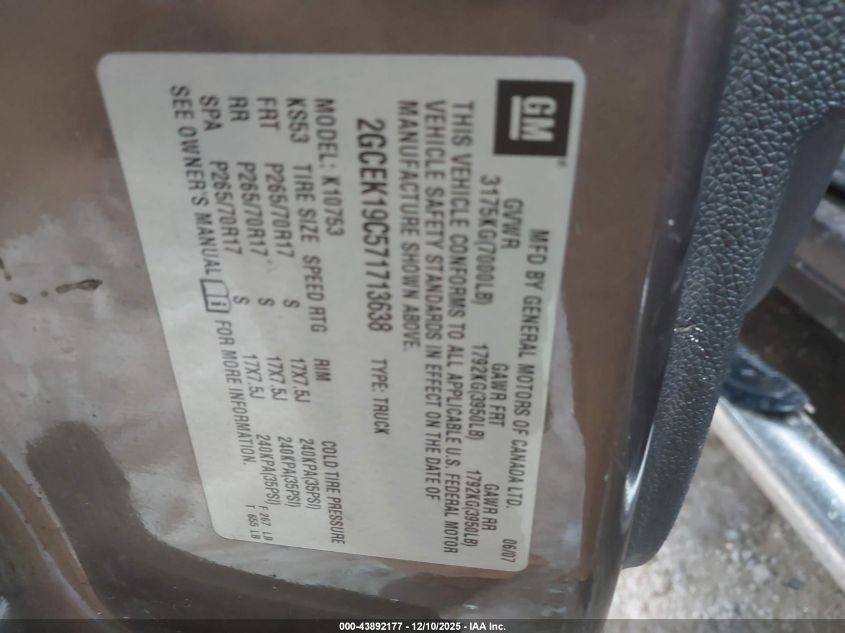 2007 Chevrolet Silverado 1500 Lt1 VIN: 2GCEK19C571713638 Lot: 43892177