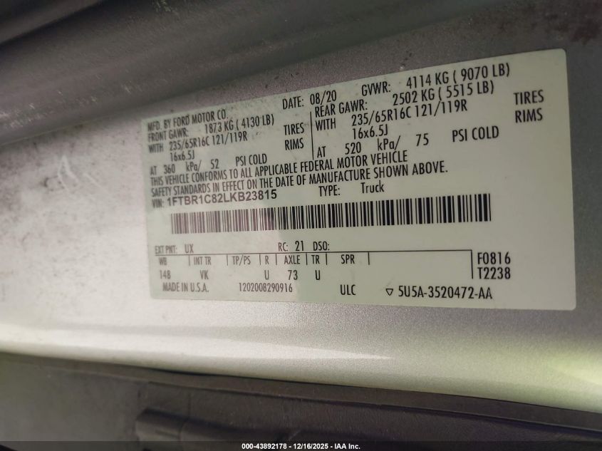 2020 Ford Transit-250 VIN: 1FTBR1C82LKB23815 Lot: 43892178